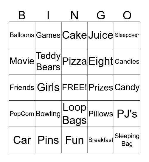 Meg's 8th Birthday Bingo Card