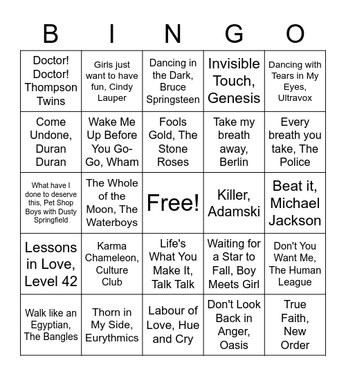 New Year's Eve Name that Tune Bingo Card
