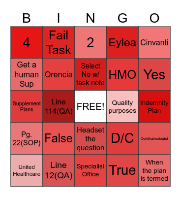 Eylea Team Bingo Card