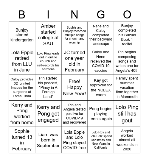 New Year Bingo Card