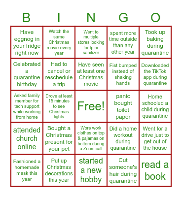 Holiday/Quarantine Bingo Card