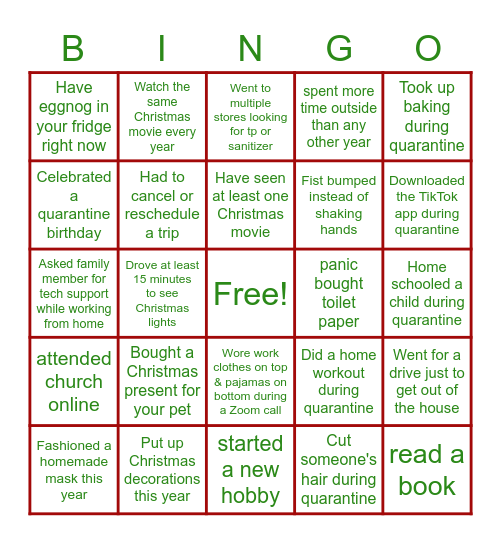 Holiday/Quarantine Bingo Card