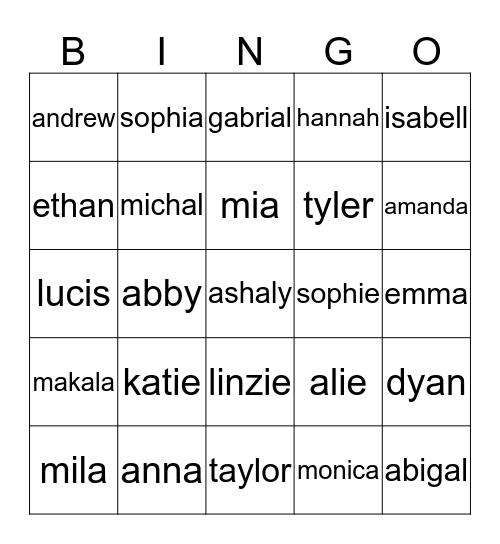 names Bingo Card