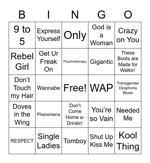 Feminist Anthems Bingo Card