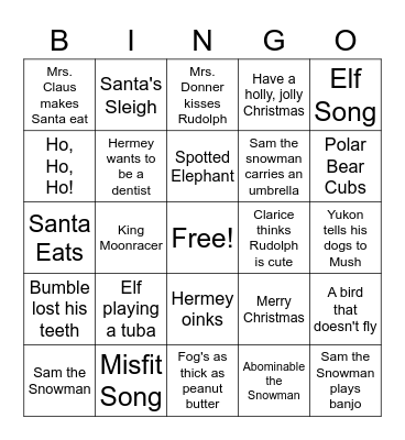 Rudolph The Red Nosed Reindeer Bingo Card