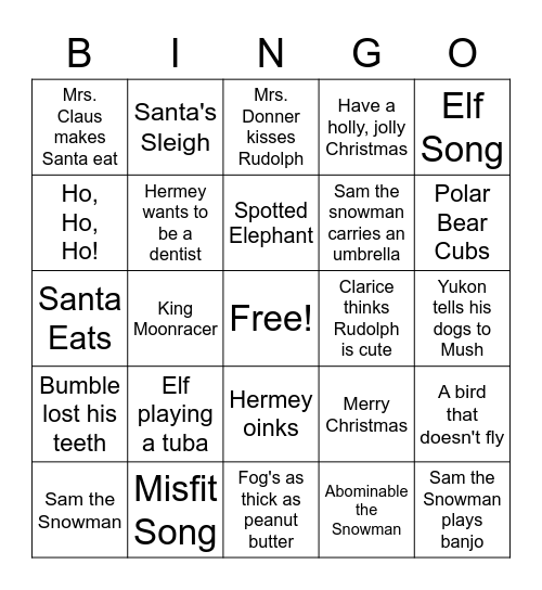 Rudolph The Red Nosed Reindeer Bingo Card