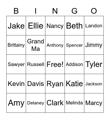 Bowman Family Bingo Card