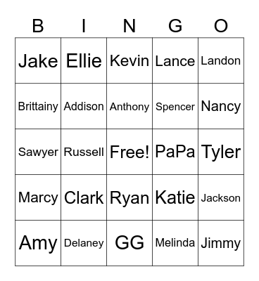 Bowman Family Bingo Card