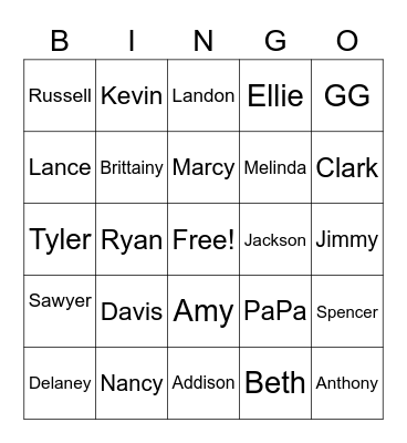 Bowman Family Bingo Card