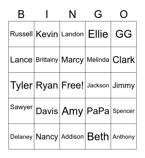 Bowman Family Bingo Card