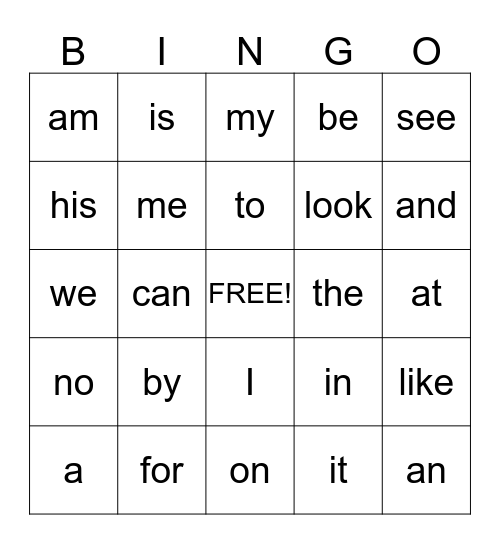 Snappy Word Bingo Card