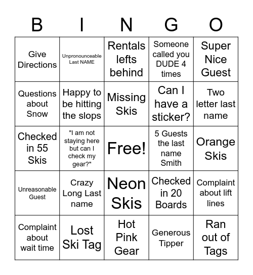 Ski Check Bingo Card