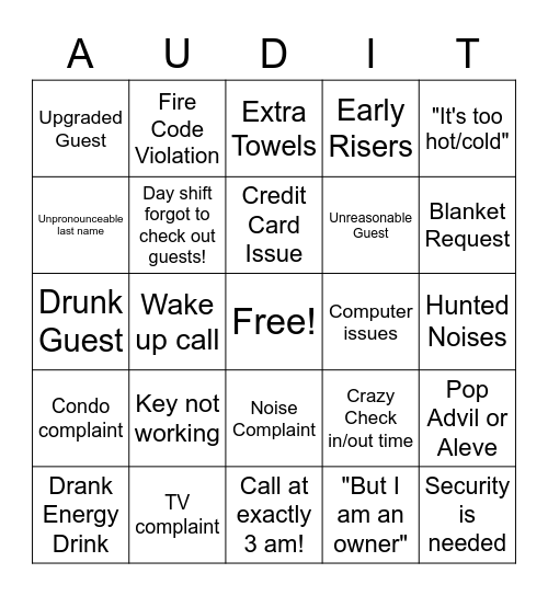 Night Audit BINGO Card