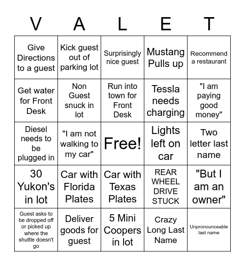 Valet Bingo Card