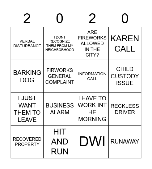 Dispatch NYE Bingo Card