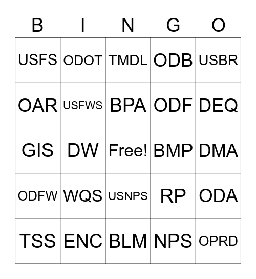 DEQ Acronym Bingo! Bingo Card