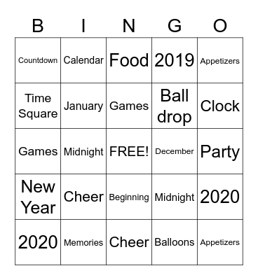 Happy New Years Bingo Card