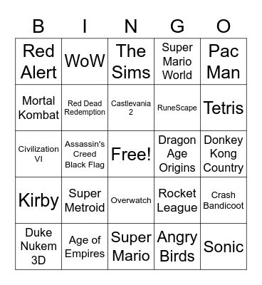 Video Game Bingo Card