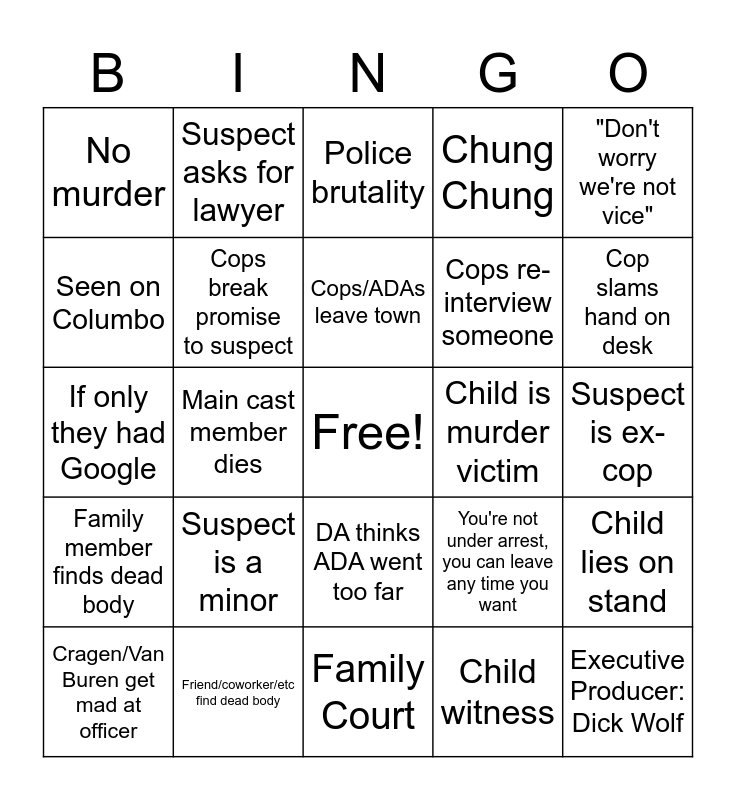 Law and Order Bingo Card