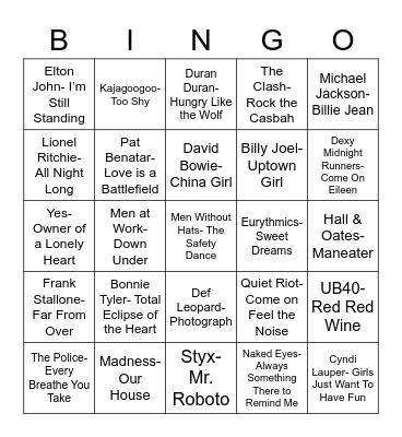 Total-Quiz.com Presents: Radio Bingo Class of 1983 Bingo Card