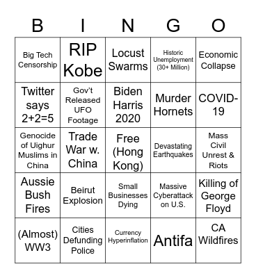 2020 Calamity BINGO Card