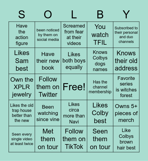 Sam and Colby Bingo Card