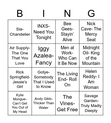 Total-Quiz.com Presents: Radio Bingo Australia Bingo Card