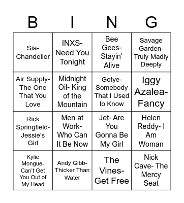 Total-Quiz.com Presents: Radio Bingo Australia Bingo Card