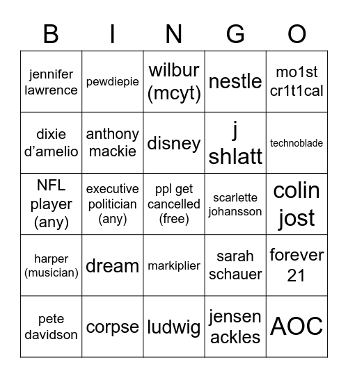 Jordan’s 2021 Bingo Card Bingo Card
