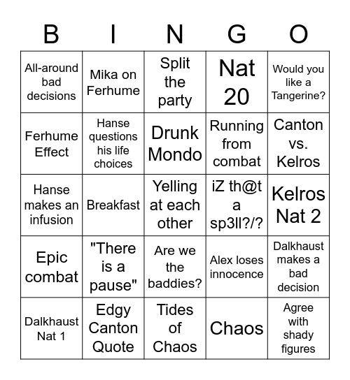 Slices Bingo Card
