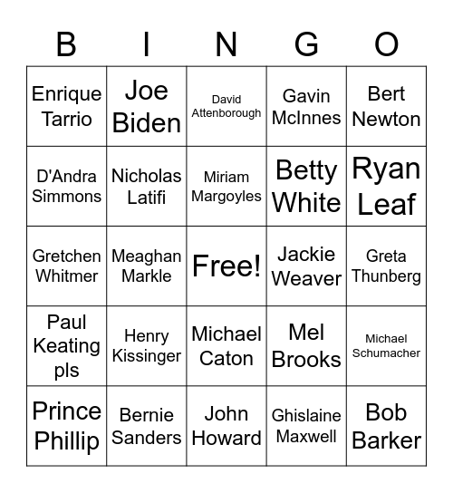 Celebrity Death Bingo Card