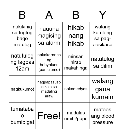 TULOG SA POSTPARTUM Bingo Card