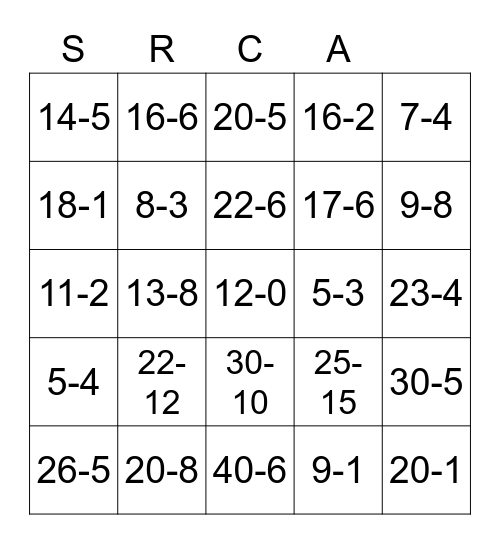 Subtraction  2021 Bingo Card