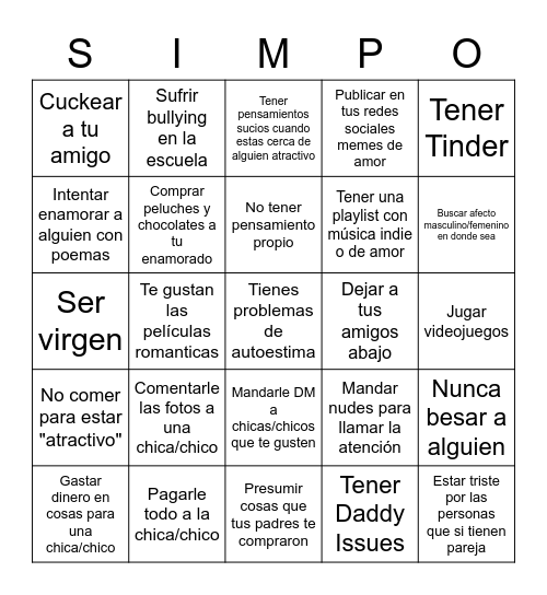 Simp Bingo Card