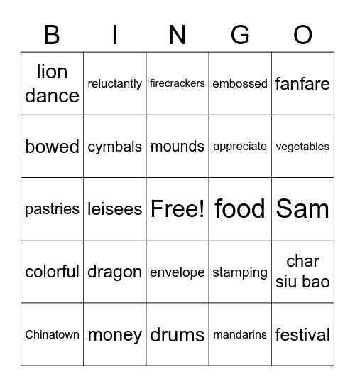 Sam and the Lucky Money Bingo Card