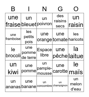 Les fruits et les légumes! Bingo Card