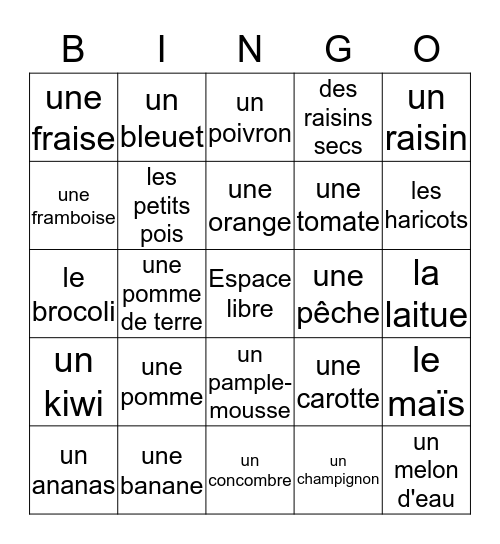 Les fruits et les légumes! Bingo Card