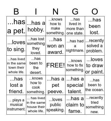 Meeting People Bingo Card