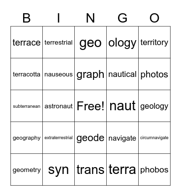 4th Grade Roots Bingo Card