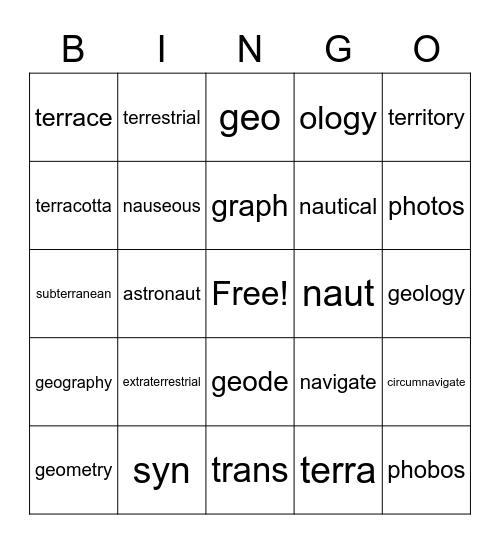 4th Grade Roots Bingo Card