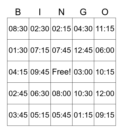 Telling Time on a Digital Clock Bingo Card