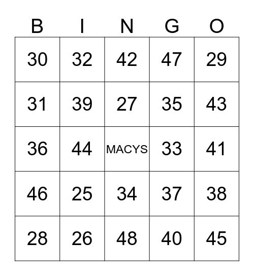 MACYS BINGO Card