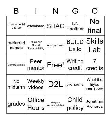 FRINQ Human/Nature Syllabus Bingo Card