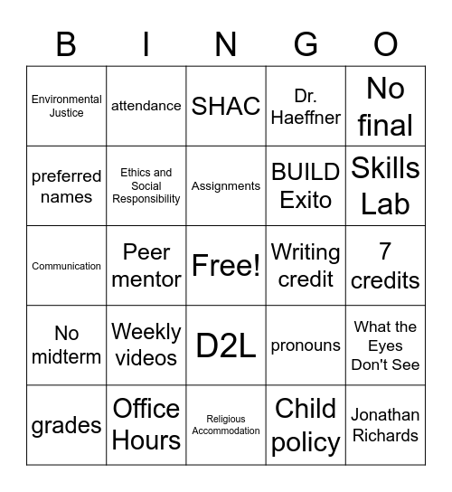 FRINQ Human/Nature Syllabus Bingo Card