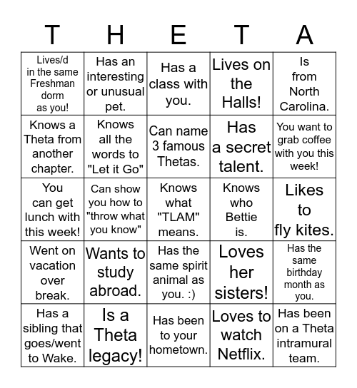 Find A Theta who ... Bingo Card