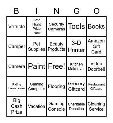 Sweepstakes Prizes Bingo Card