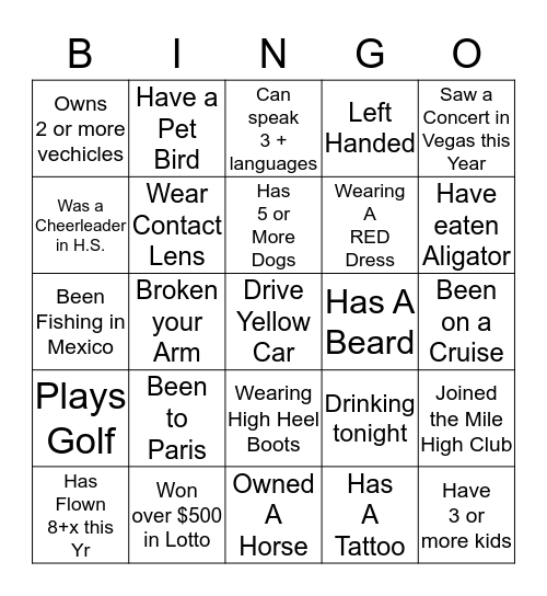 Troy & Lina's New Years Party 2014 Bingo Card