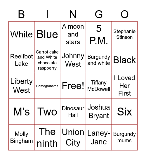 McDowell Wedding Bingo Card