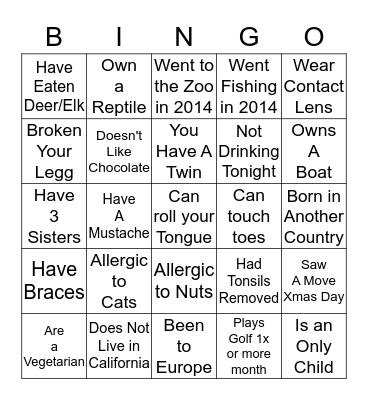 Troy & Lina's New Years Party 2014 Bingo Card