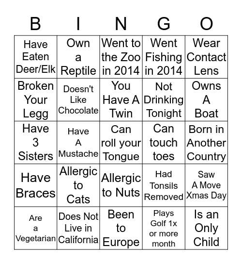 Troy & Lina's New Years Party 2014 Bingo Card